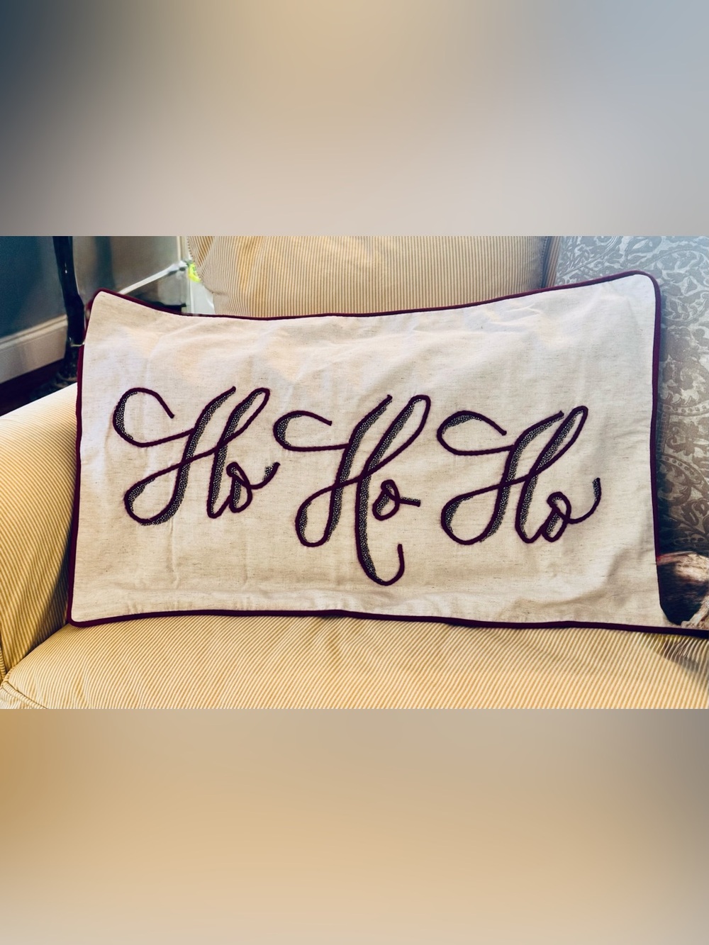 Ho Ho Ho Embroidered Holiday Pillow Cover - White and Dark Purple